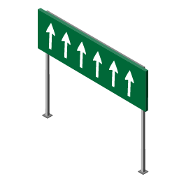 Pictogram of a green highway gantry sign with six arrows on it