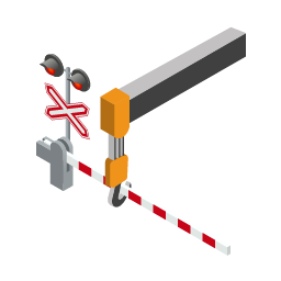 Pictogram of a rail level crossing signal and boom gate