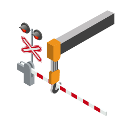 Pictogram of a rail level crossing signal and boom gate