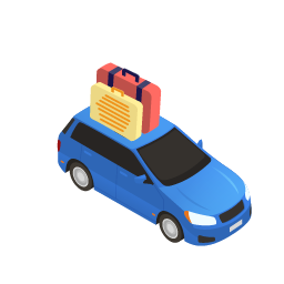 Pictogram of a blue car with luggage on the roof racks