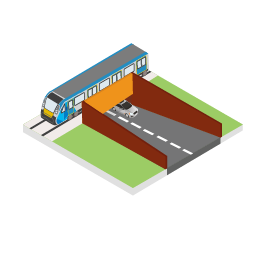Pictogram of a road going intil an underpass underneath a train line