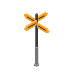 Pictogram of a street post with 4 directional signs pointing from it
