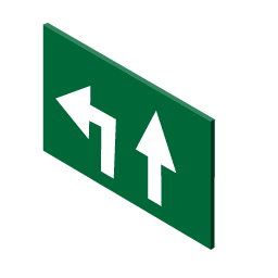 Pictogram of a green highway sign, showing two directional arrows