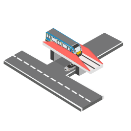 Pictogram of an elevated train line going over a road, with a train on the tracks